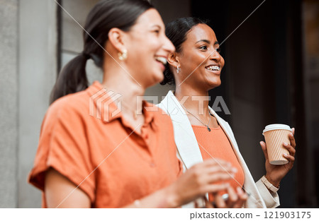 Teamwork, laughing and walking business colleagues on coffee or lunch break in city, town or downtown. Smiling, happy and motivated creative women bonding and commuting to work during morning routine 121903175
