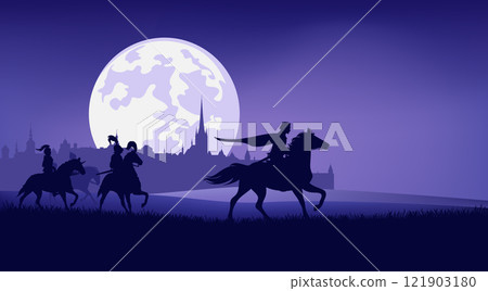 horseback king and knights with medieval castle city moon night silhouette vector scene 121903180