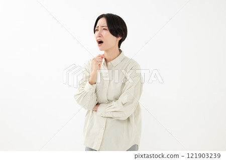Middle-aged woman, bad mood, troubled Middle-aged woman, bad mood, troubled 121903239