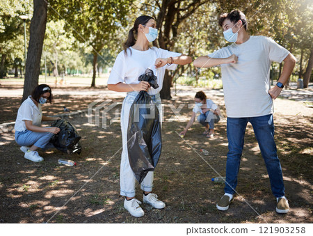 Recycling volunteer, eco friendly and activism group for charity tidying or cleaning messy trash waste , plastic and rubbish. Sustainability and ecology conscious social activist team covid greeting 121903258