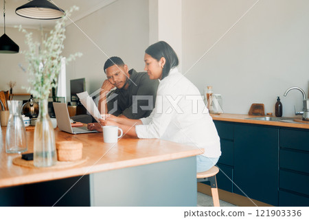 Couple looking at documents, finances and paperwork with confused expression for their overdue budget, credit or house expenses. Managing household spending, saving and account to pay money. 121903336