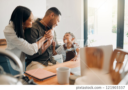 Family, bonding and playing with their happy little boy while laughing, teasing and talking at home with flair. Loving wife and son hugging dad while showing him love and affection on fathers day Family, bonding and playing with their happy little boy while laughing, teasing and talking at home with flair. Loving wife and son hugging dad while showing him love and affection on fathers day 121903337