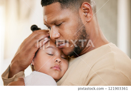 Father carrying his sleeping daughter, hugging and bonding with affection at home. Caring parent enjoying fatherhood, holding his girl child, enjoying quiet moment of care, consoling and safety Father carrying his sleeping daughter, hugging and bonding with affection at home. Caring parent enjoying fatherhood, holding his girl child, enjoying quiet moment of care, consoling and safety 121903361
