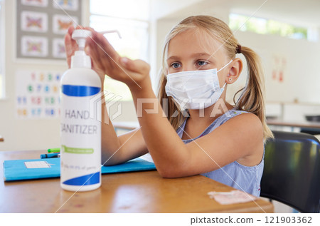 Little student sanitizing hand to protect from covid, wearing a mask and following new hygiene safety routine. Kindergarten or preschool female learner protecting herself from corona virus flu Little student sanitizing hand to protect from covid, wearing a mask and following new hygiene safety routine. Kindergarten or preschool female learner protecting herself from corona virus flu 121903362