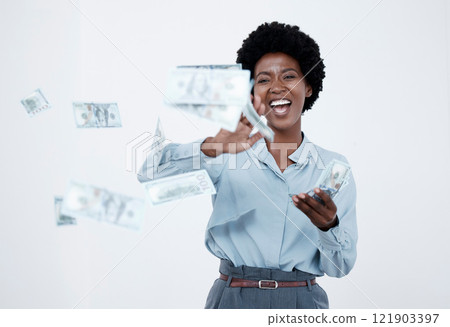 Spending money, celebrating finance and investment growth or savings, wealth and budget development. Portrait of excited and motivated woman throwing bank cash, notes and currency after lottery win 121903397