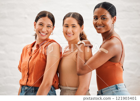 Covid vaccination or flu shot inside of girl friends, female friendship and teenagers smiling. Portrait of a happy and diverse friend group standing and practicing good health habits together Covid vaccination or flu shot inside of girl friends, female friendship and teenagers smiling. Portrait of a happy and diverse friend group standing and practicing good health habits together 121903401