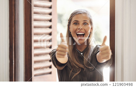 Thumbs up, excited and cheerful woman showing positive hand sign after getting good news and approving job opportunity. Female with a positive attitude saying thank you for success and motivation Thumbs up, excited and cheerful woman showing positive hand sign after getting good news and approving job opportunity. Female with a positive attitude saying thank you for success and motivation 121903498