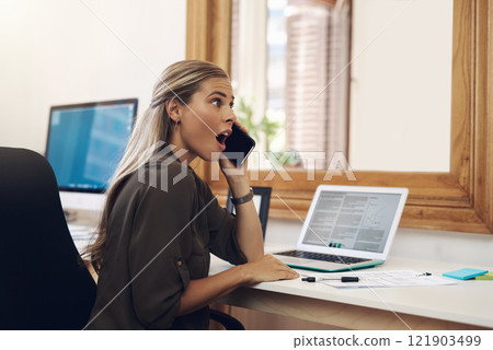 Surprised, shocked and excited young businesswoman gossiping and listening to fake news on a phone call in the office. Amazed female gasping wow in disbelief with an oh my god expression on her face Surprised, shocked and excited young businesswoman gossiping and listening to fake news on a phone call in the office. Amazed female gasping wow in disbelief with an oh my god expression on her face 121903499