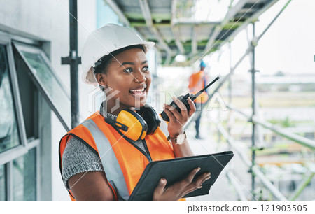 Construction worker with tablet, walkie talkie or radio talking, instructing and checking building progress on development site. Architect manager, female leader or engineer watching infrastructure Construction worker with tablet, walkie talkie or radio talking, instructing and checking building progress on development site. Architect manager, female leader or engineer watching infrastructure 121903505