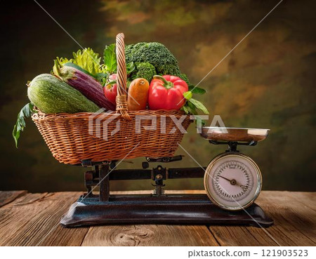 Basket of fresh vegetables and scales Basket of fresh vegetables and scales 121903523