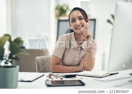 Relaxed young female financial advisor working as an accounting employee or admin portrait. Female work staff counting money and calculating a budget for a department in a company Relaxed young female financial advisor working as an accounting employee or admin portrait. Female work staff counting money and calculating a budget for a department in a company 121903607