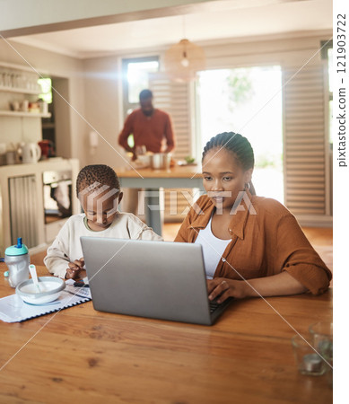 Busy, serious and multitask mother working on laptop while taking care of her child at home. Black entrepreneur or freelancer analyzing online reports with her and cute son playing games on a phone Busy, serious and multitask mother working on laptop while taking care of her child at home. Black entrepreneur or freelancer analyzing online reports with her and cute son playing games on a phone 121903722
