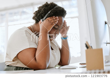 Stressed, tired and with a headache call center agent feeling pressure and anxiety while working in a demanding office. Overworked, exhausted consultant mentally frustrated with burnout and depressed Stressed, tired and with a headache call center agent feeling pressure and anxiety while working in a demanding office. Overworked, exhausted consultant mentally frustrated with burnout and depressed 121903776