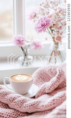 Cup of coffee with pink knitted scarf on windowsill with spring flowers, pink interior colors, 3d rendering. 121903930