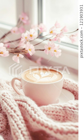 Cup of coffee with pink knitted scarf on windowsill with spring flowers, pink interior colors, 3d rendering. 121903931