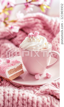Cup of coffee with pink knitted scarf on windowsill with spring flowers, pink interior colors, 3d rendering. 121903932