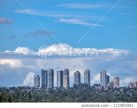 Scenery view of Metrotown cityscape on cloudy sky background Scenery view of Metrotown cityscape on cloudy sky background 121903981
