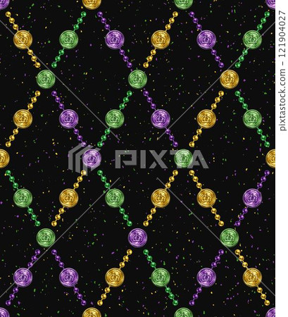 Geometric pattern with rhombus grid made of string of beads, colorful coins. Textured black background. Mardi gras decoration in vintage style. Geometric pattern with rhombus grid made of string of beads, colorful coins. Textured black background. Mardi gras decoration in vintage style. 121904027