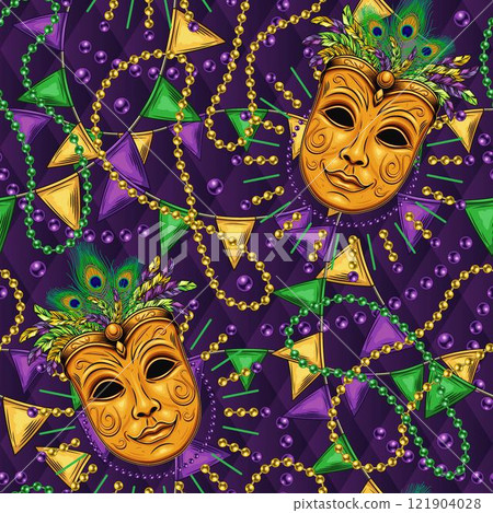 Carnival Mardi Gras themed pattern with golden venetian face mask with feathers, scattered trinket, pennant garland, strings of beads. Detailed illustration in vintage style. Carnival Mardi Gras themed pattern with golden venetian face mask with feathers, scattered trinket, pennant garland, strings of beads. Detailed illustration in vintage style. 121904028