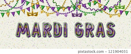 Horizontal white carnival banner, poster with masks, pennants garland, strings of beads, streamer ribbons, text. Ticket, invitation design for Mardi Gras carnival, party in vintage style Horizontal white carnival banner, poster with masks, pennants garland, strings of beads, streamer ribbons, text. Ticket, invitation design for Mardi Gras carnival, party in vintage style 121904031