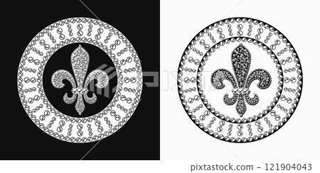 Mardi Gras circular pattern with big Fleur de lis sign, bead strings. Vintage black and white illustration for prints, holiday goods decoration 121904043