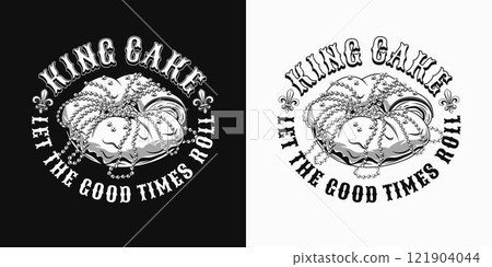 Circular Mardi Gras label with traditional king cake, fleur de Lis sign, text. For prints, clothing, t shirt, surface design. Vintage black and white illustration style 121904044