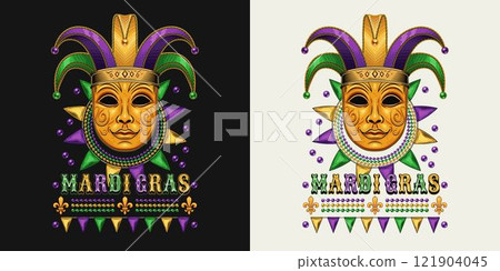 Mardi Gras themed label. Emblem with carnival golden venetian face mask in jester tomfool hat, beads, text. Vintage holiday composition. 121904045