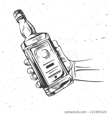 Retro Male hand holding bottle of scotch whisky or brandy. Vector illustration. Hand drawn design element bottle of scotch whisky or brandy. For logo design, patches, stickers Retro Male hand holding bottle of scotch whisky or brandy. Vector illustration. Hand drawn design element bottle of scotch whisky or brandy. For logo design, patches, stickers 121904128