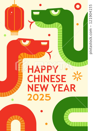 Happy Chinese New Year poster with snake. Chinese New Year 2025 flyer, poster, banner. Festive Year of the Snake Illustration. Chinese translation - Happy New Year. Happy Chinese New Year poster with snake. Chinese New Year 2025 flyer, poster, banner. Festive Year of the Snake Illustration. Chinese translation - Happy New Year. 121904155