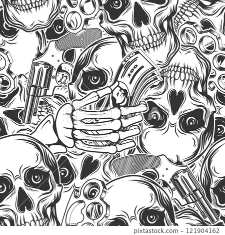 Gangster seamless pattern with skulls, knuckles, guns, skeleton hands holding american dollars. Vector illustration background, wallpaper. Gangster seamless pattern with skulls, knuckles, guns, skeleton hands holding american dollars. Vector illustration background, wallpaper. 121904162