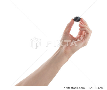 Man hand hold big blueberry isolated on white 121904289