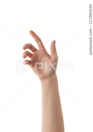 Young woman hand reaching or holding something isolated on white background 121904294