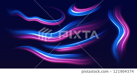 Speed police line set. Laser beams, horizontal light rays. Magic shining neon light line trails. Purple glowing wave swirl, impulse cable lines. High speed effect motion blur night lights 121904374