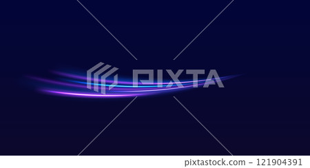 Speed police line. Laser beams, horizontal light rays. Magic shining neon light line trails. Purple glowing wave swirl, impulse cable lines. High speed effect motion blur night lights 121904391