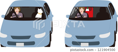 A pet box for a dog in a passenger car. A dog sitting in the passenger seat. Illustration of a woman driving 121904500