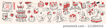 Valentine Day doodle set, vector hand drawn holiday romantic cake illustration, female line hand. 121904543