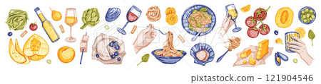 Italian food vector set, watercolor hand drawn dinner illustration, pasta plate, wine glass, cheese. Italian food vector set, watercolor hand drawn dinner illustration, pasta plate, wine glass, cheese. 121904546