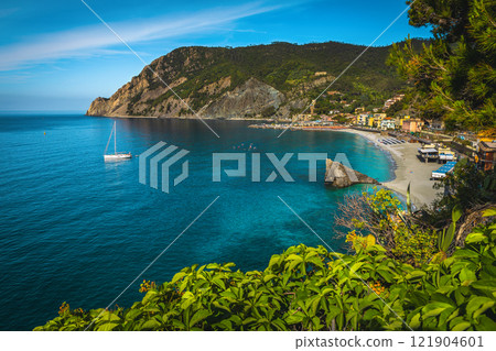 Beautiful beach view with mediterranean plants, Cinque Terre, Italy Beautiful beach view with mediterranean plants, Cinque Terre, Italy 121904601