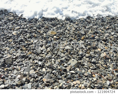beautiful background texture with round gray sea pebbles and foamy wave, wet pebbles on the shore and sea tide with white foam as natural graphic design blank beautiful background texture with round gray sea pebbles and foamy wave, wet pebbles on the shore and sea tide with white foam as natural graphic design blank 121904724