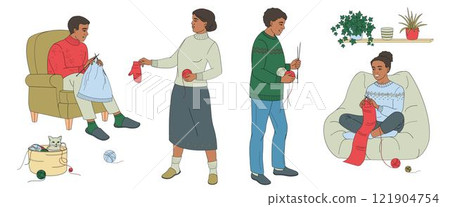 African American man and woman knitting sitting in a chair, woman stands and holds a knitted mitten and a ball of thread in her hands, man stands with knitting needles and balls of thread in his hand 121904754