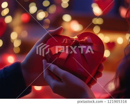 A man gives a woman a gift. Red heart-shaped gift box with a bow A man gives a woman a gift. Red heart-shaped gift box with a bow 121905316