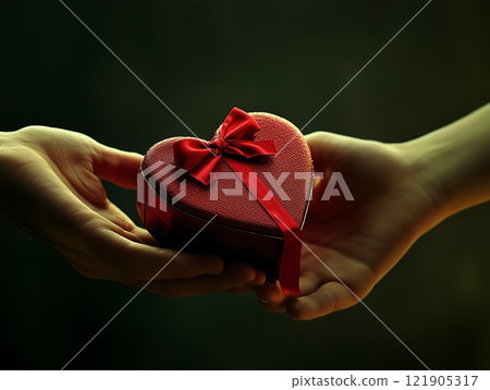 A man gives a woman a gift. Red heart-shaped gift box with a bow 121905317