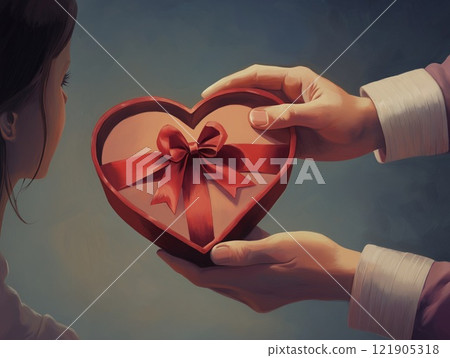 A man gives a woman a gift. Red heart-shaped gift box with a bow 121905318