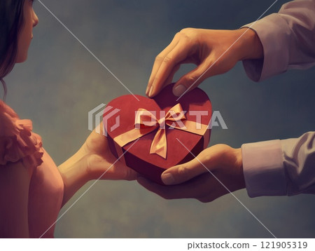 A man gives a woman a gift. Red heart-shaped gift box with a bow 121905319