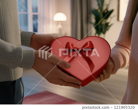 A man gives a woman a gift. Red heart-shaped gift box with a bow 121905320