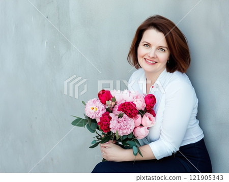 A smiling girl with a bouquet of flowers in her hands. A gift from a lover. Valentine's day. International Women's Day. AI generation. 121905343