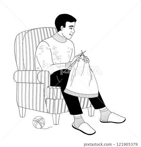 African American man sits in a chair and knitted African American man sits in a chair and knitted 121905379