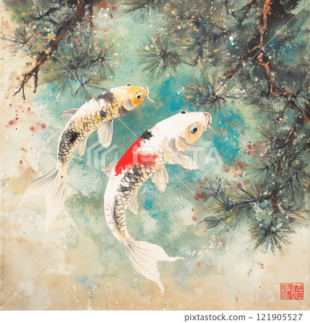 Hand painted watercolor fish swimming gracefully in serene pond. for Chinese New Year 121905527