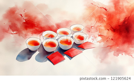 Watercolor painting of traditional tea cups with red accents, evoking warmth and culture. for Chinese New Year 121905624