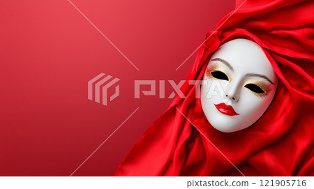traditional Chinese opera mask with red fabric backdrop, showcasing elegance and artistry. for Chinese New Year 121905716